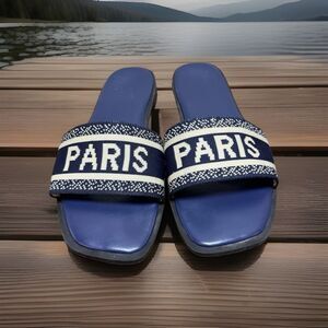 Paris Logo Slide Sandals 9 Navy Resort Preppy Coastal Y2K Summer Nicole miller